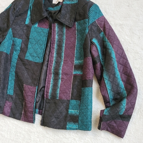 Erin London Jacket Quilted Patchwork Black Teal Plum L - Picture 7 of 10